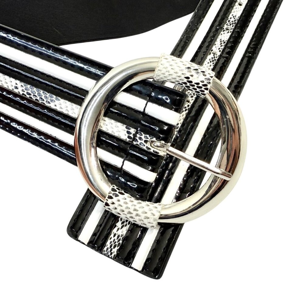 WHBM Striped Patent Leather Belt w/Statement Buckle Snakeskin Print Detail - M - Picture 7 of 9